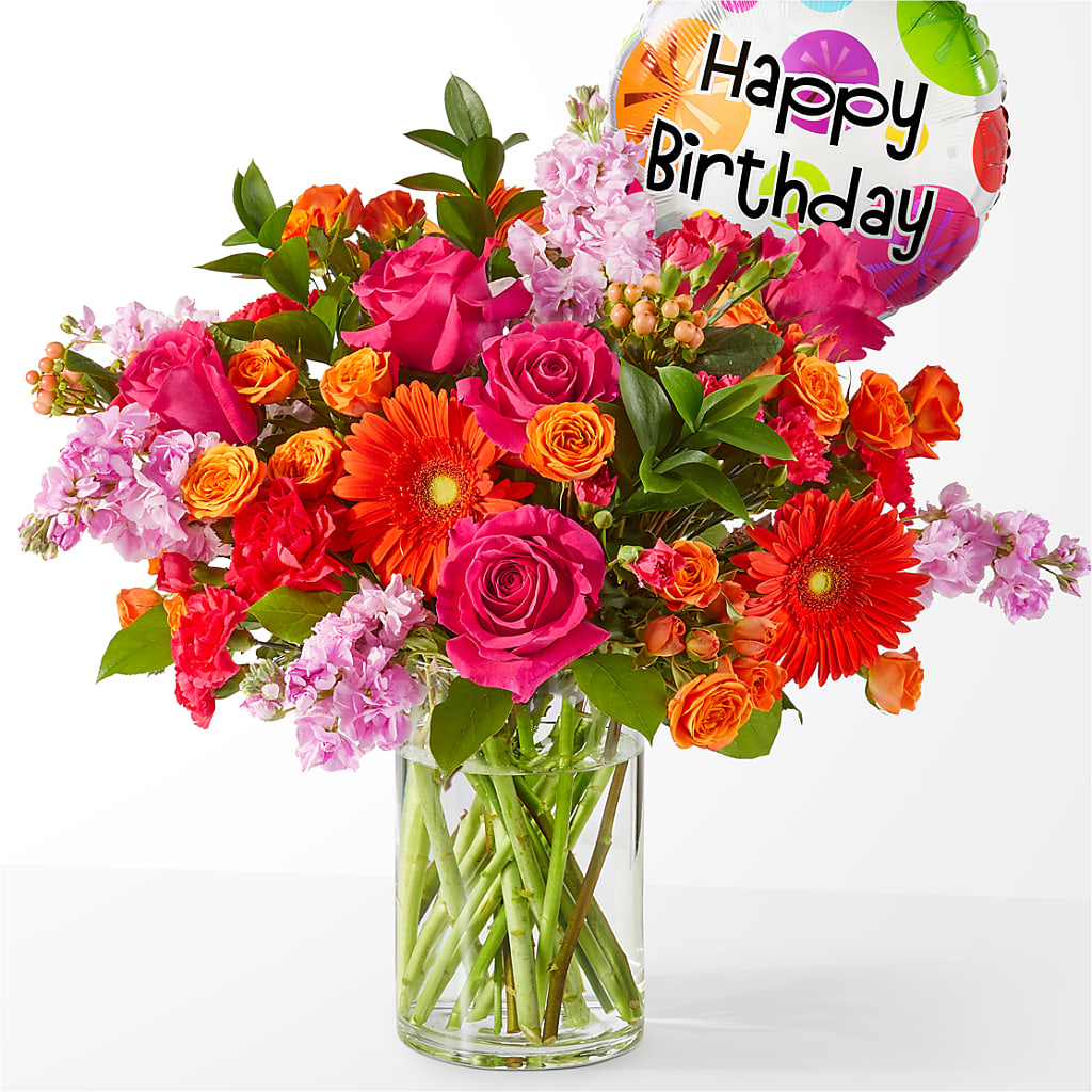 Fiesta Bouquet with Birthday Balloon – Floral Insight, Houston TX
