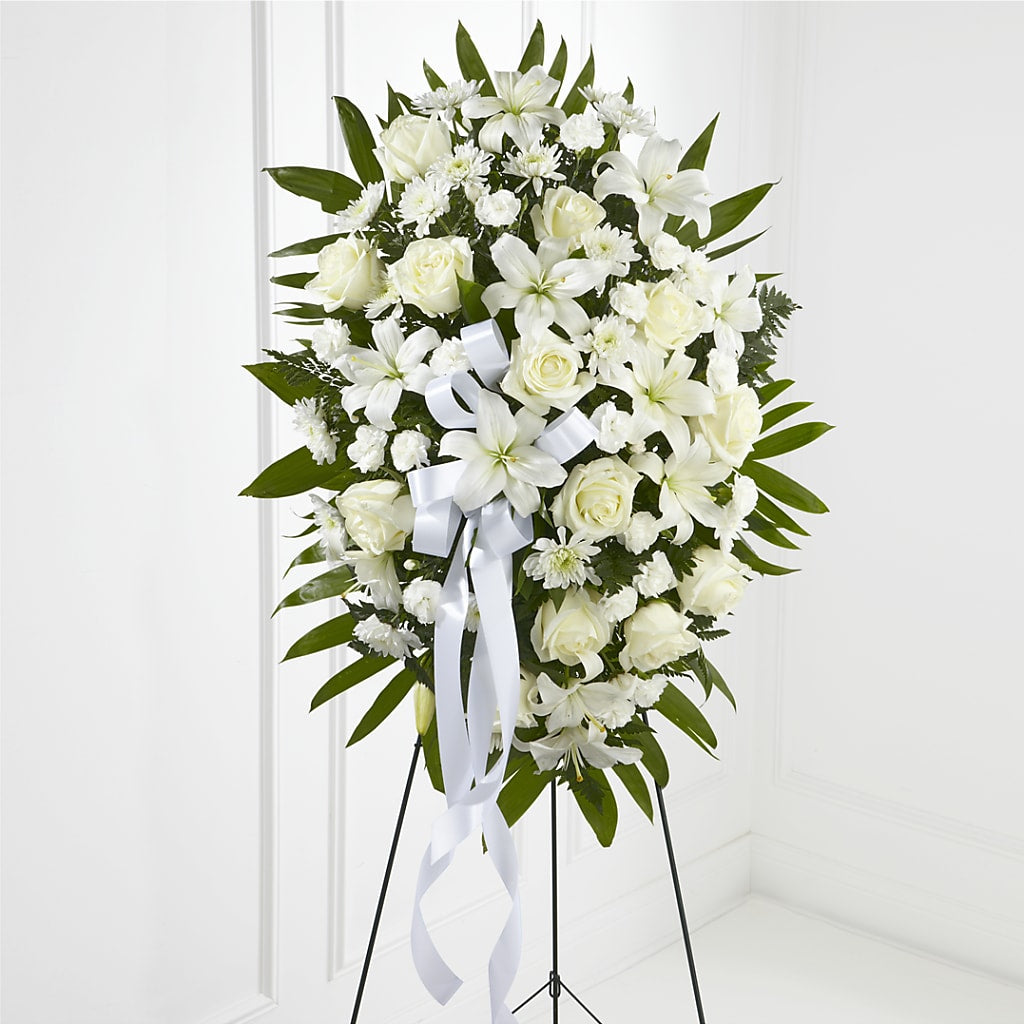Exquisite Tribute Standing Spray-White Ribbon – Floral Insight, Houston TX
