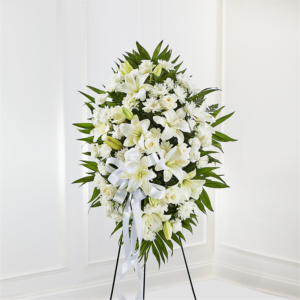Exquisite Tribute Standing Spray-White Ribbon – Floral Insight, Houston TX