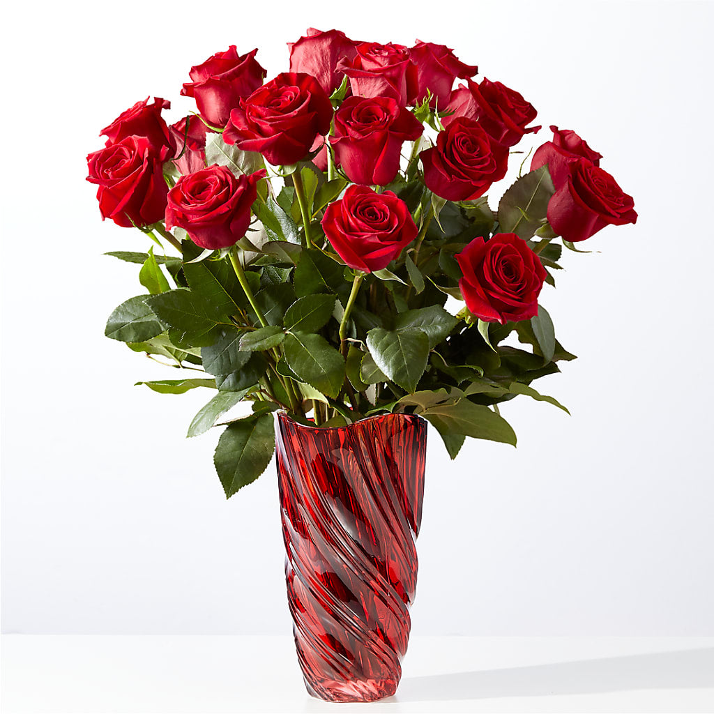 Classic Love Red Rose Bouquet with Luxe Swirl Vase – Floral Insight, Houston TX