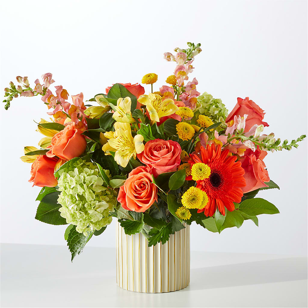 Autumn Sunshine Bouquet with Ivory Vase – Floral Insight, Houston TX